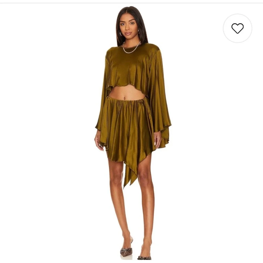 NBD SEEMA OLIVE Satin Matching SET SKIRT And Cropped BLOUSE Size M Revolve